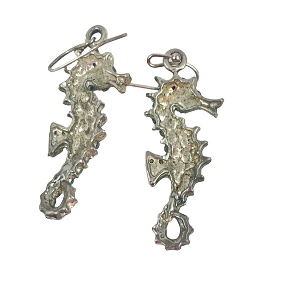 Vintage Seahorse Earrings With Aqua Rhinestones - Picture 4 of 8
